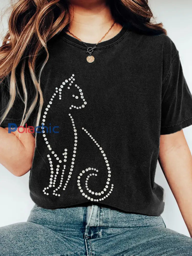 T-shirt Femme Motif Strass Chat Lavé comme image / S