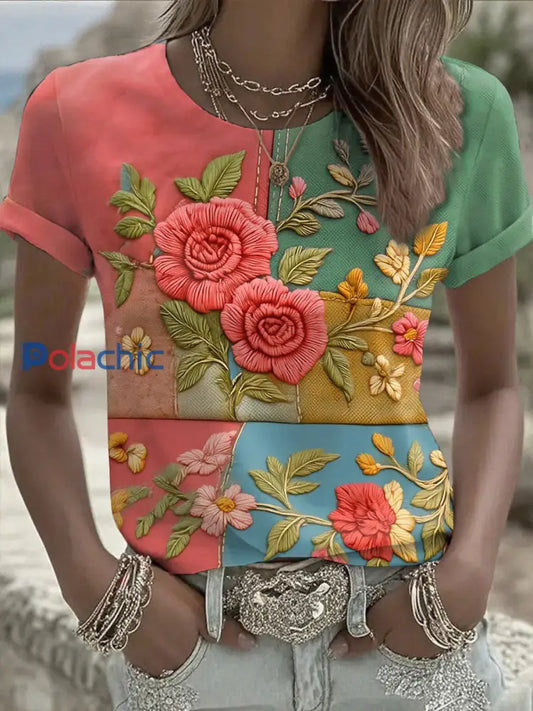 T-shirt Femme Retro Art Floral Ă  manches courtes comme image / S