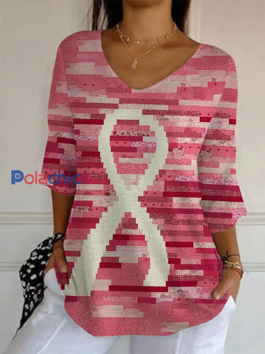 T-shirt Femme Rose À Demi-Manches Ruban comme image / S