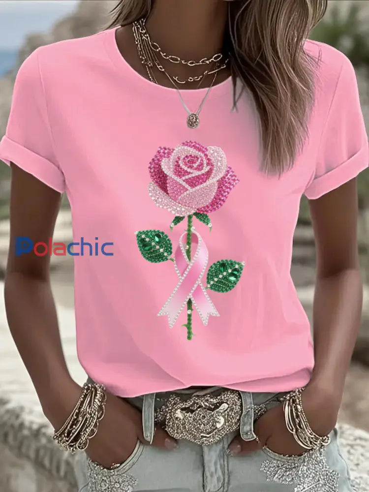 T-shirt Femme Rose Cancer Du Sein Imprimé comme image / S