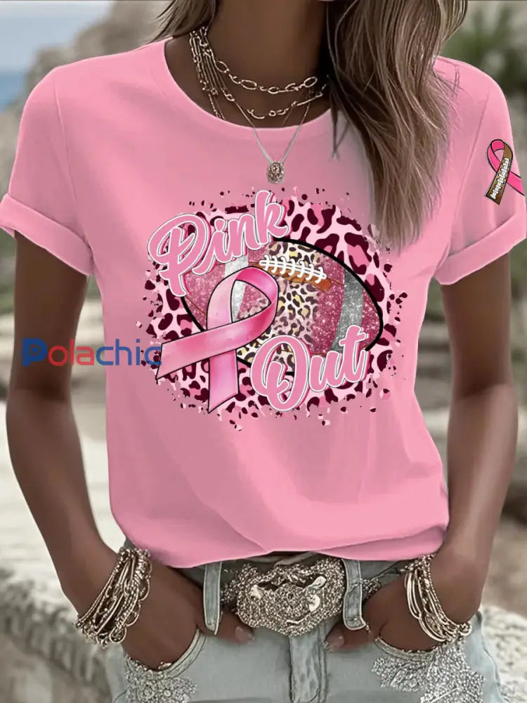 T shirt Femme Rose Cancer Du Sein Imprimé Football comme image / S