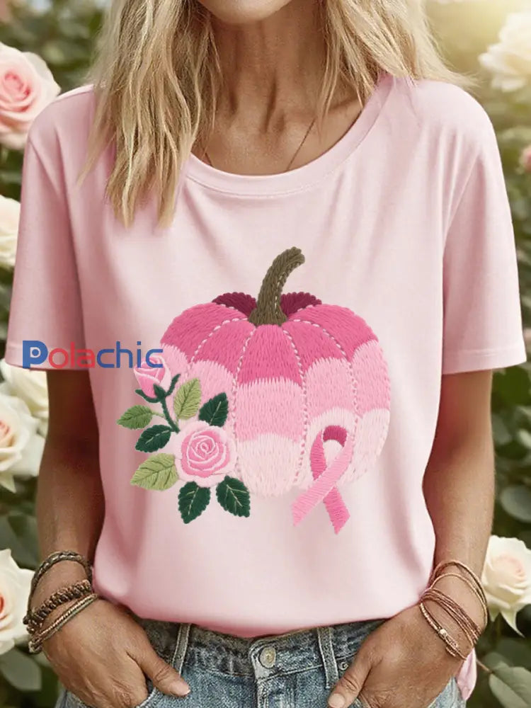 T-shirt Femme Rose Citrouille Ruban Brodé Rose / S