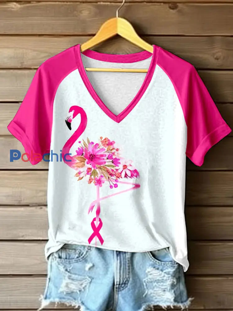 T-shirt femme rose flamant imprimé cancer du sein Rose / S