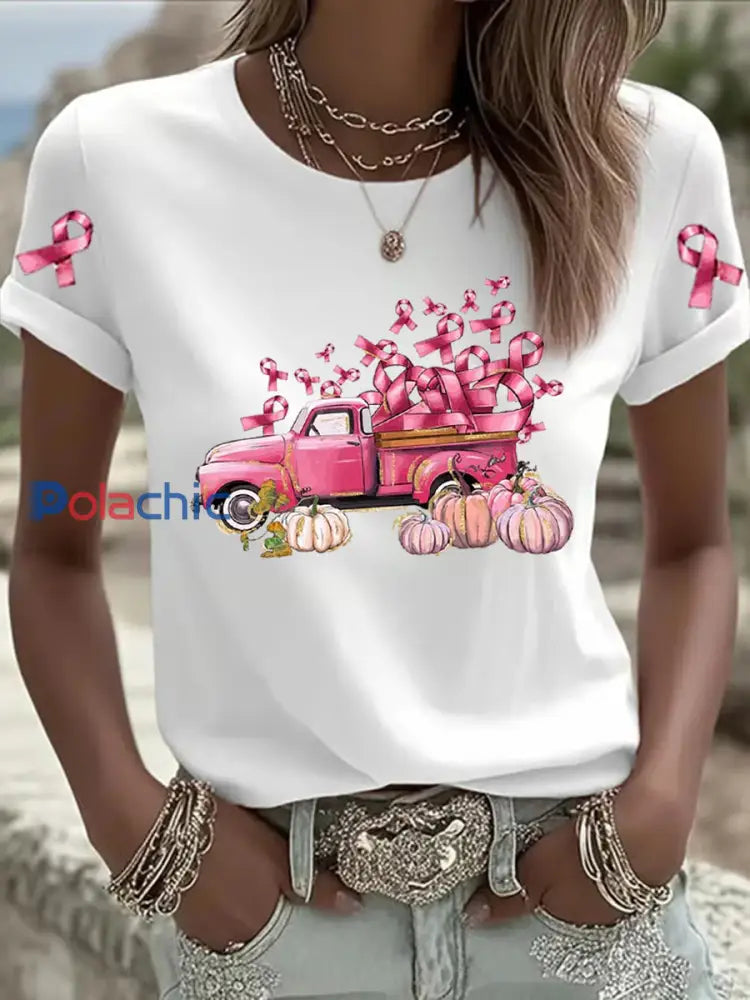 T shirt Femme Rose Imprimé Cancer Du Sein Blanc / S
