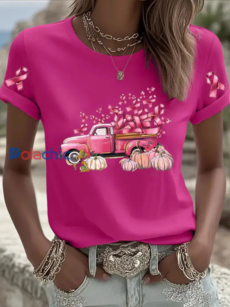 T shirt Femme Rose Imprimé Cancer Du Sein Rose Rouge / S