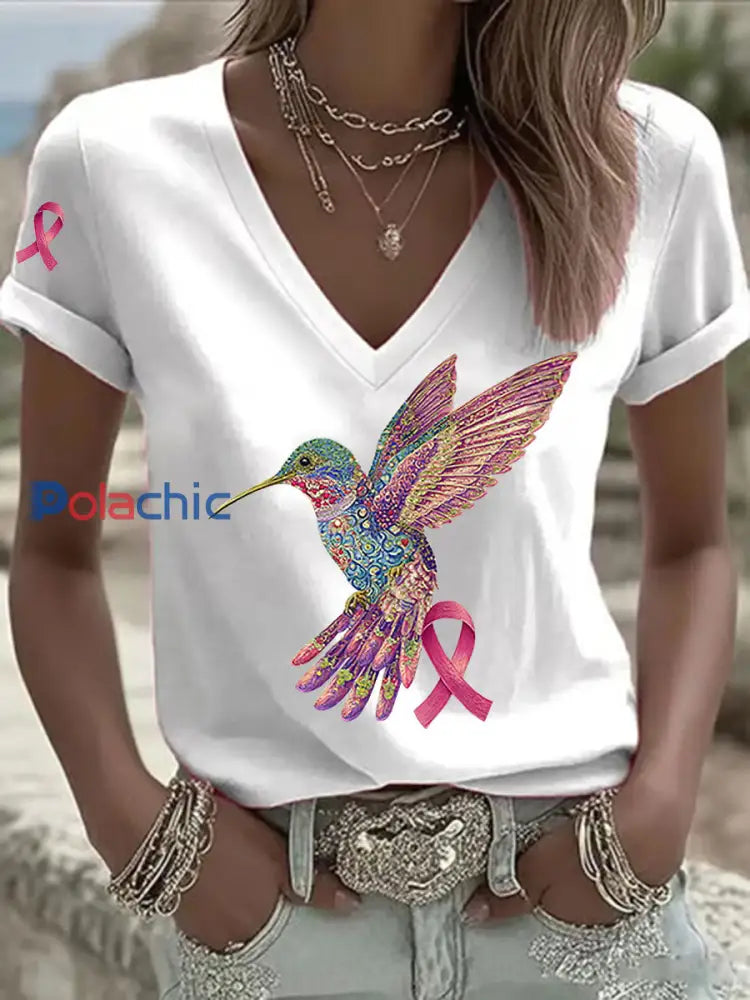 T shirt Femme Rose Imprimé Colibri Blanc / S