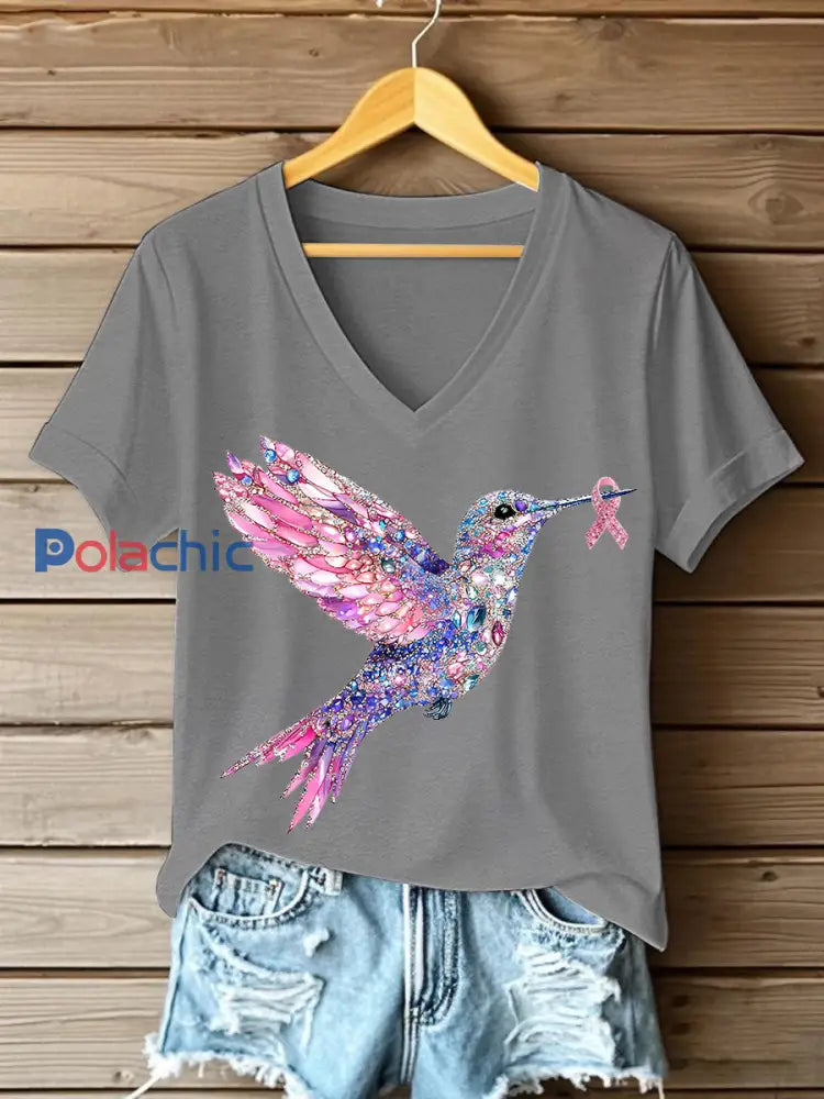 T shirt Femme Rose Imprimé Colibri Gris Clair / S