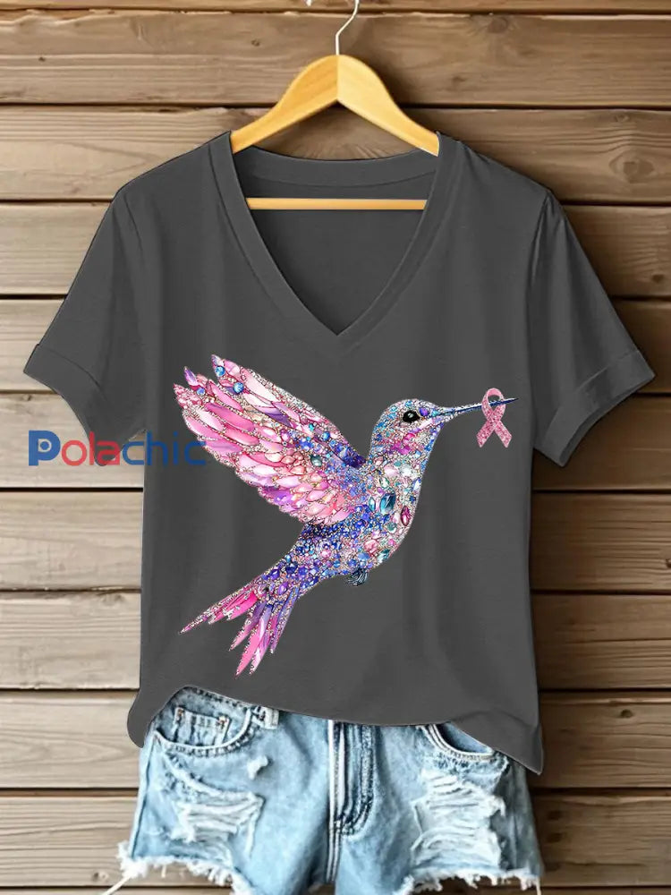 T shirt Femme Rose Imprimé Colibri Gris Foncé / S