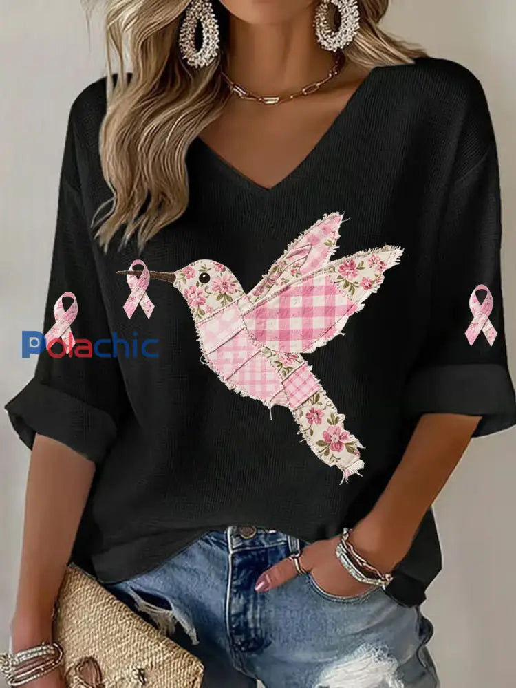 T shirt Femme Rose Imprimé Colibri Noir / S
