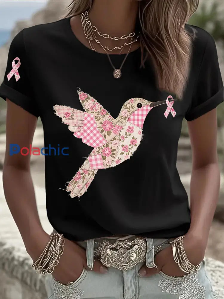 T shirt Femme Rose Imprimé Colibri Noir / S