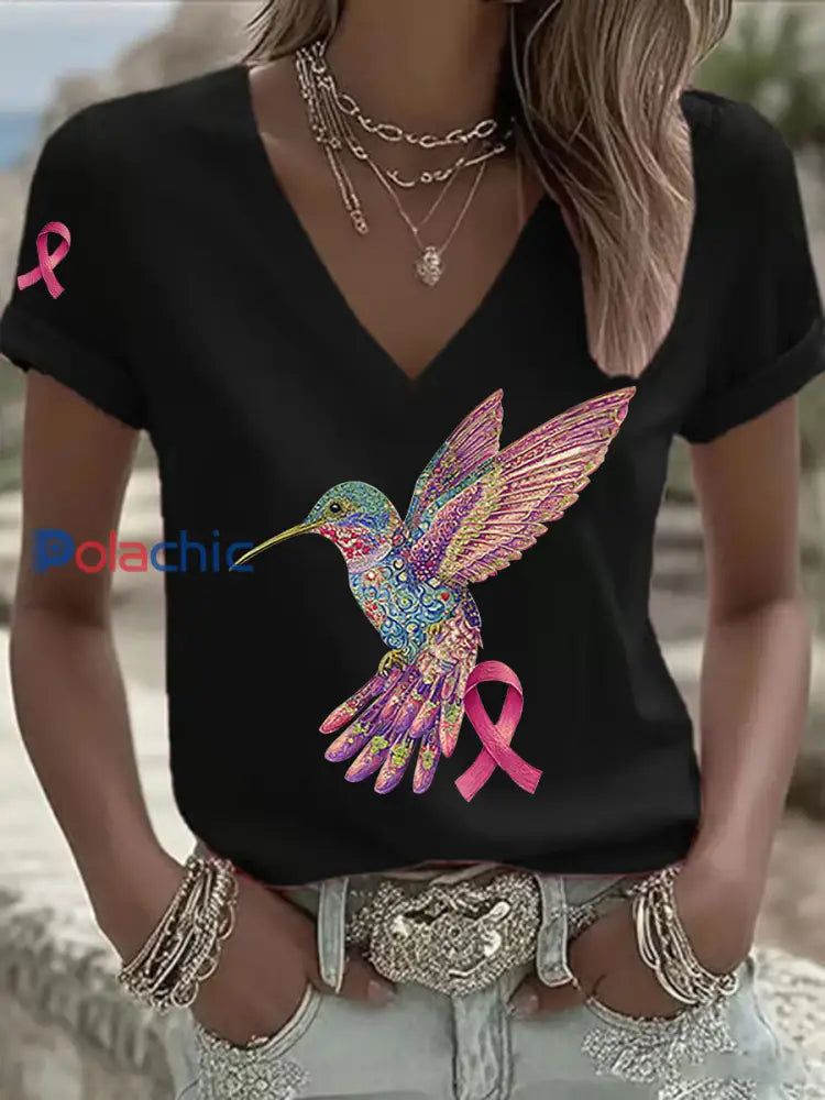 T shirt Femme Rose Imprimé Colibri Noir / S