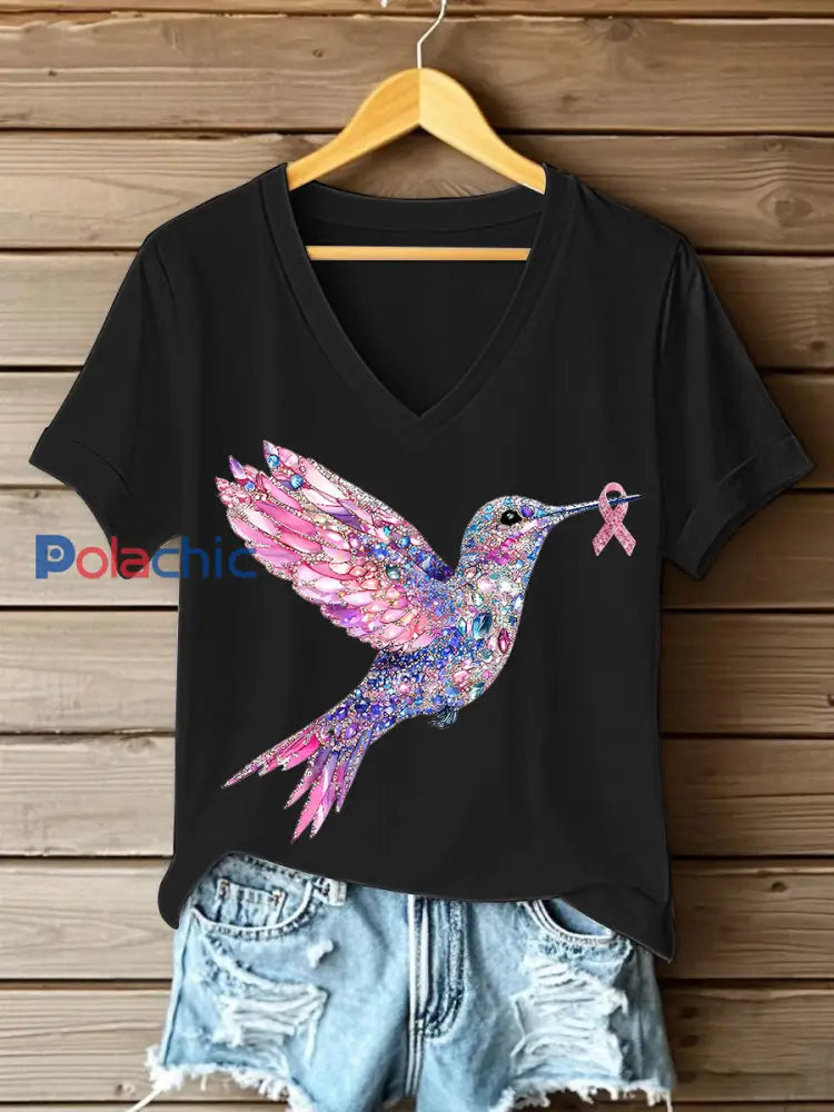 T shirt Femme Rose Imprimé Colibri Noir / S