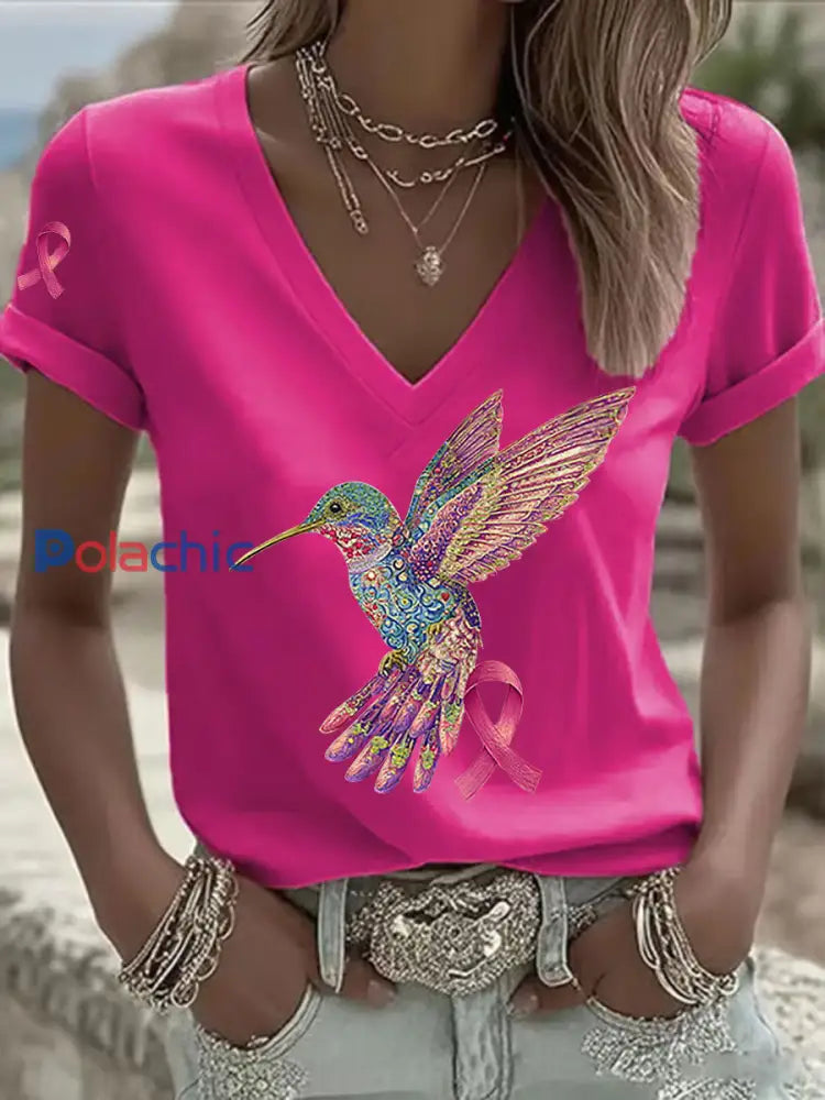 T shirt Femme Rose Imprimé Colibri Rose Rouge / S