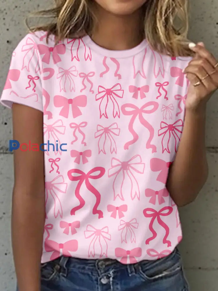 T-shirt Femme Rose Imprimé Nœud Rose / S