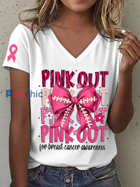 T-shirt Femme Rose Out For Breast Cancer Awareness Imprimé Col en V Blanc / S