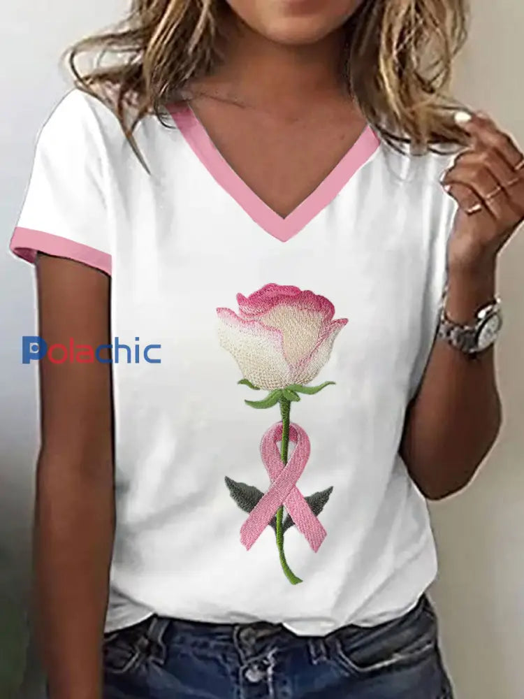 T-shirt Femme Rose Ruban Et Floral Brodé à Col V Blanc / S