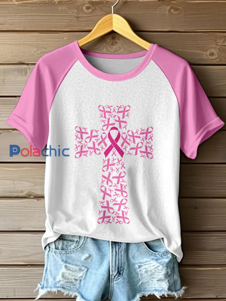 T-shirt Femme Rose Ruban Imprimé Croisé Contrasté Rose / S