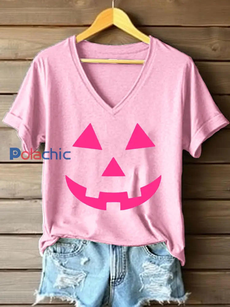 T-shirt Femme Rose Visage Citrouille Imprimé Col V Rose / S