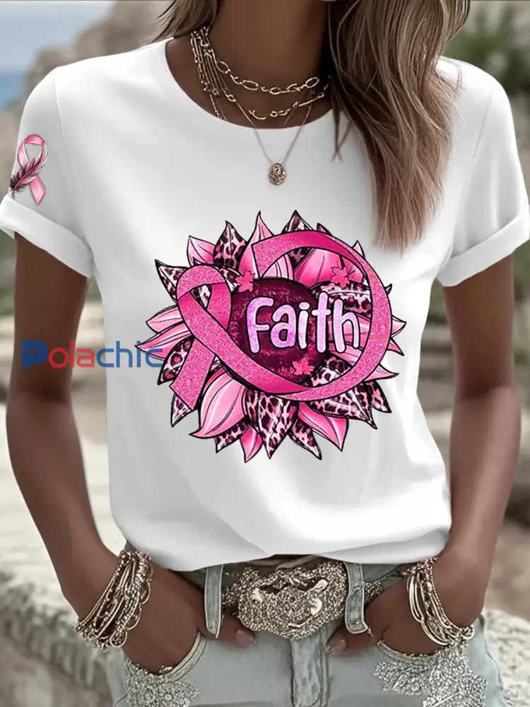 T shirt femme ruban rose à manches courtes sensibilisation au cancer du sein blanc / S
