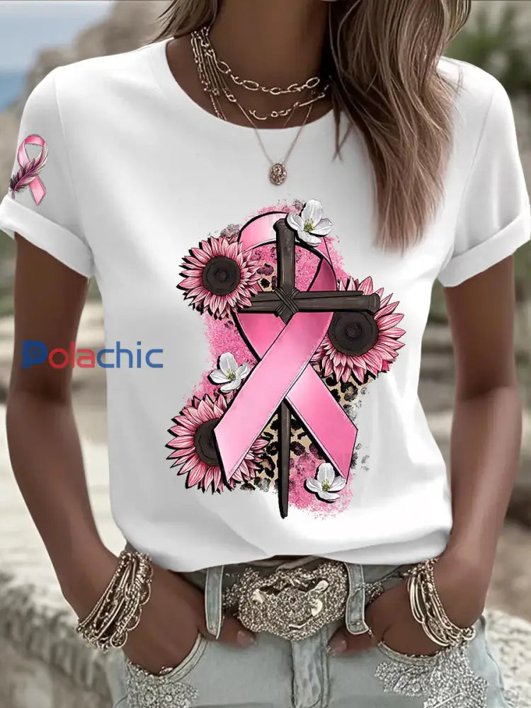 T shirt femme ruban rose à manches courtes sensibilisation au cancer du sein blanc / S