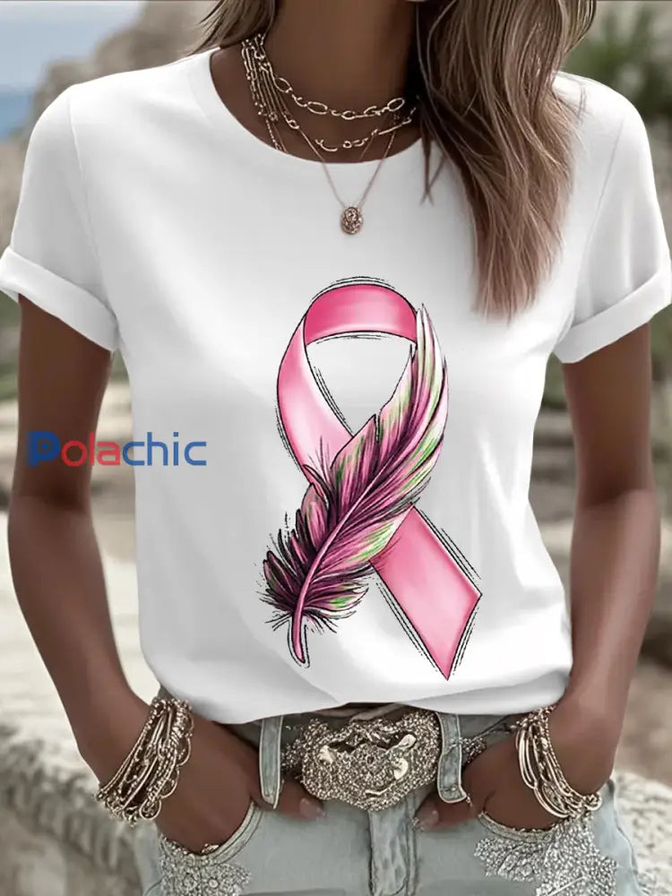 T-shirt femme ruban rose à manches courtes sensibilisation au cancer du sein Blanc / S