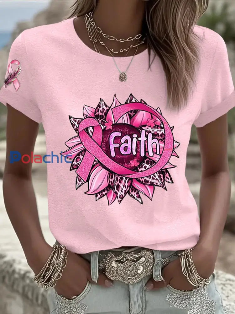 T shirt femme ruban rose à manches courtes sensibilisation au cancer du sein rose clair / S