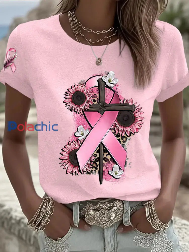 T shirt femme ruban rose à manches courtes sensibilisation au cancer du sein rose clair / S