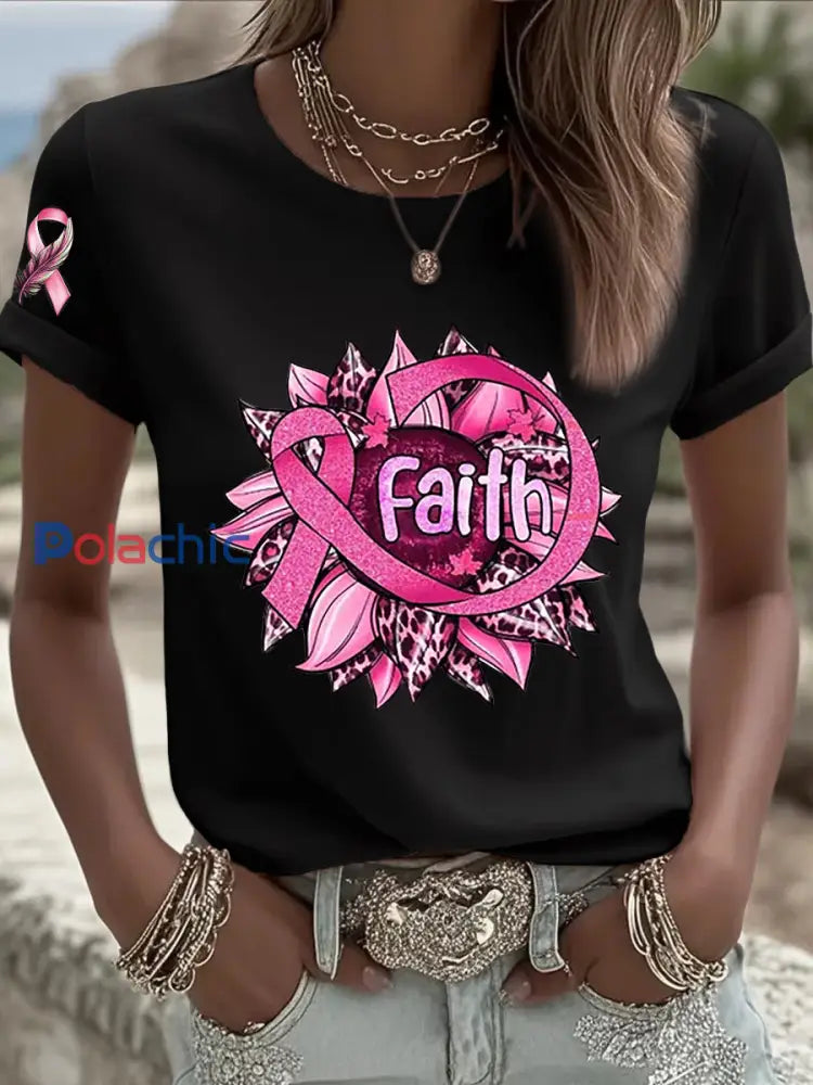 T shirt femme ruban rose à manches courtes sensibilisation au cancer du sein noir / S
