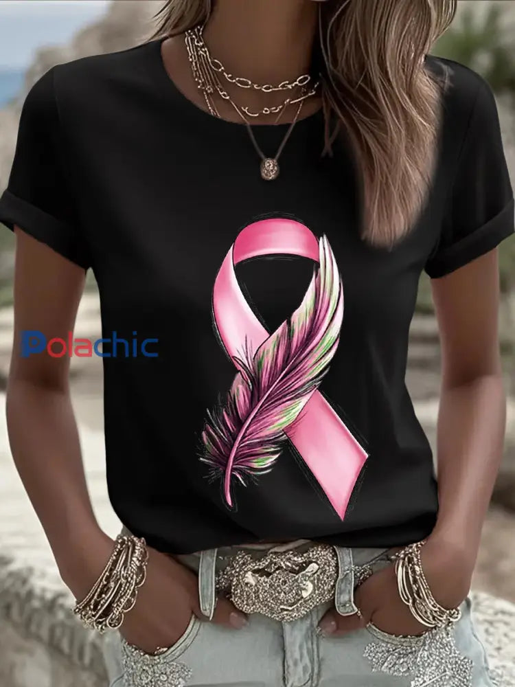 T-shirt femme ruban rose à manches courtes sensibilisation au cancer du sein Noir / S
