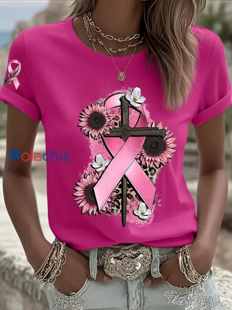 T shirt femme ruban rose à manches courtes sensibilisation au cancer du sein rose rouge / S