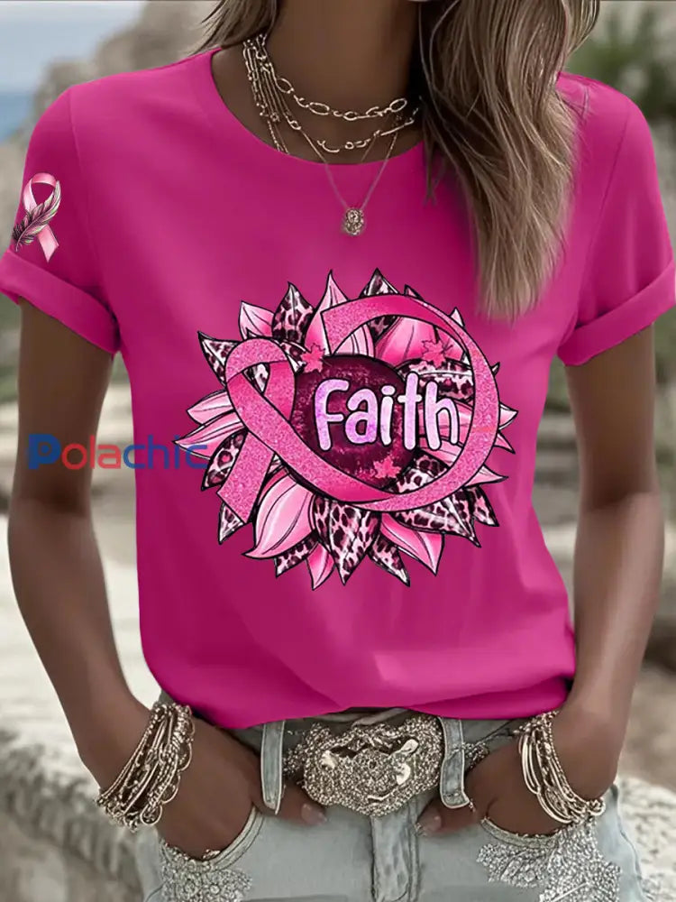 T shirt femme ruban rose à manches courtes sensibilisation au cancer du sein rose rouge / S