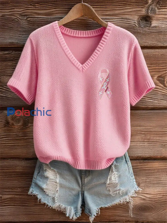 T shirt femme ruban rose à manches courtes sensibilisation au cancer du sein Rose / S