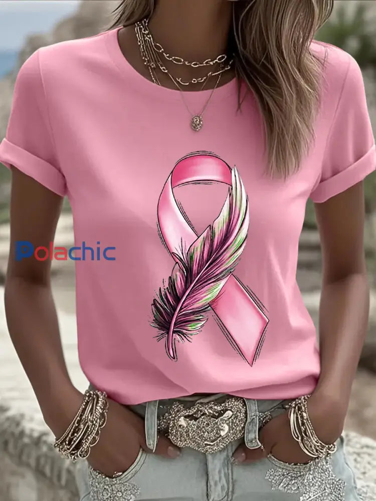 T-shirt femme ruban rose à manches courtes sensibilisation au cancer du sein Rose / S