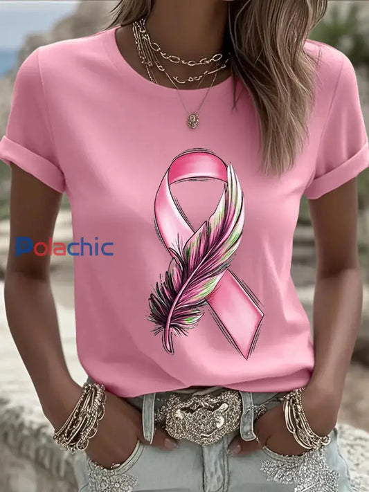 T-shirt femme ruban rose à manches courtes sensibilisation au cancer du sein Rose / S