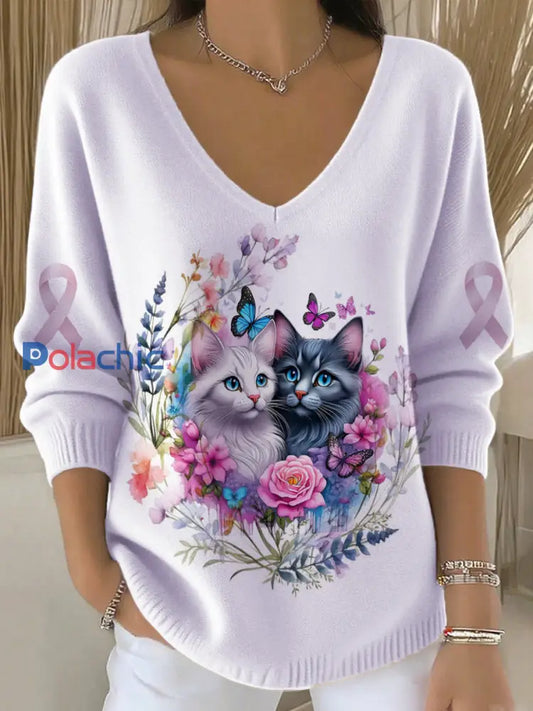 T-shirt floral d’animal familier du chat du V-Neck des dames Lavande / S