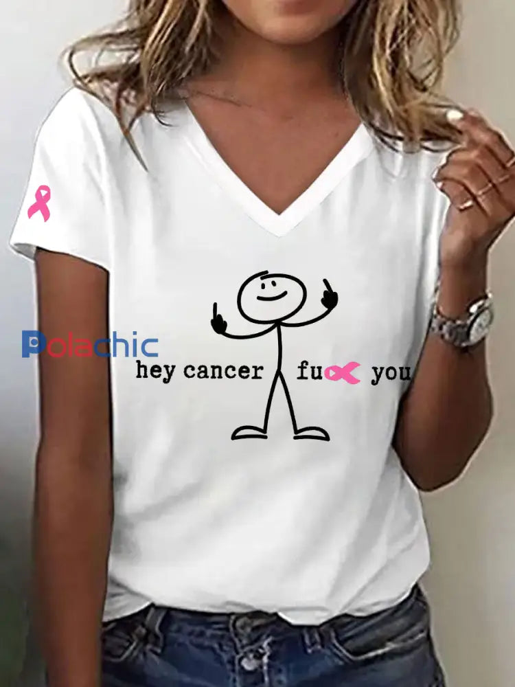 T-shirt Hey Cancer Print Femme Blanc / S