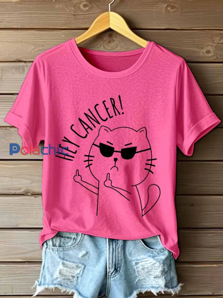 T-shirt Hey Cancer Print pour femmes Rose Rouge / S