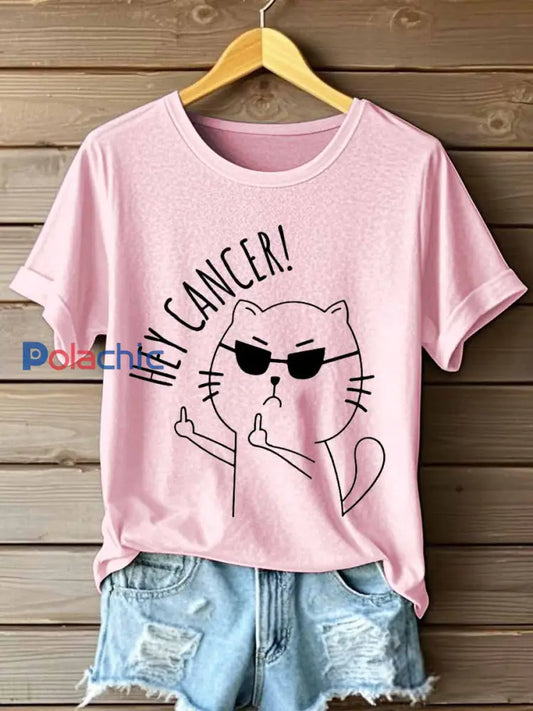T-shirt Hey Cancer Print pour femmes Rose / S
