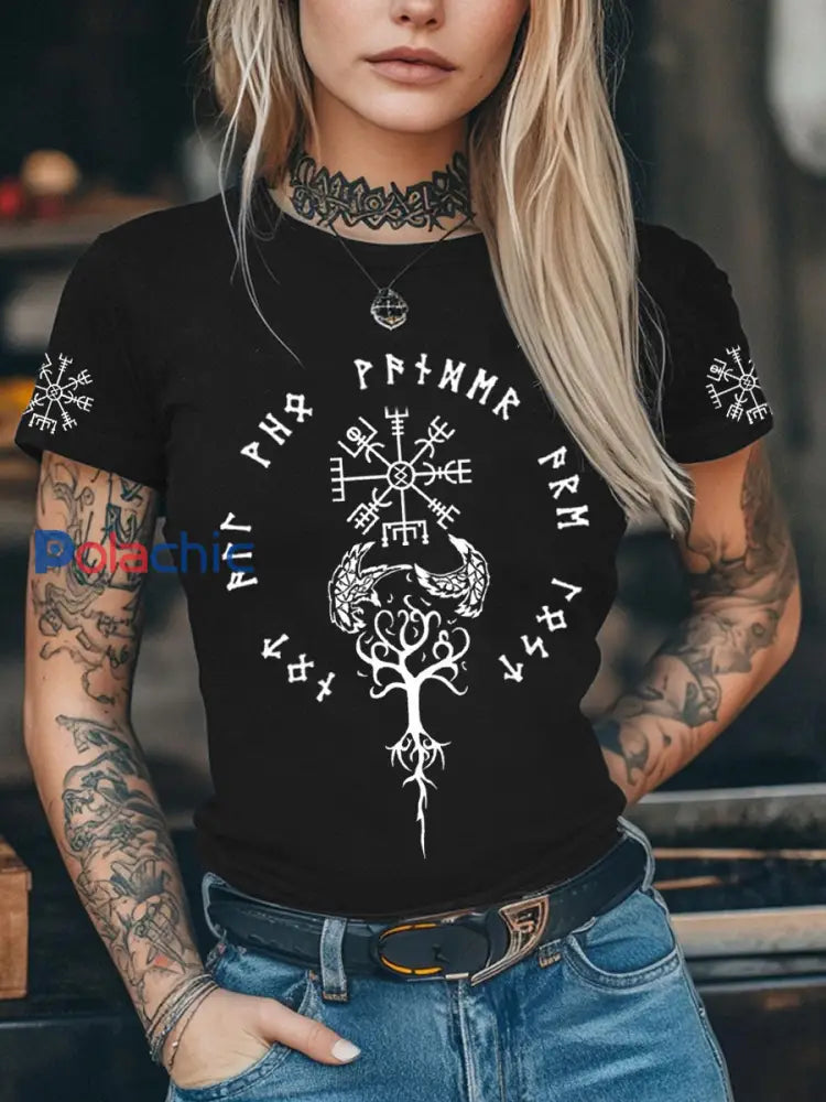 T-shirt imprimé à manches courtes Viking pour femme Noir / S