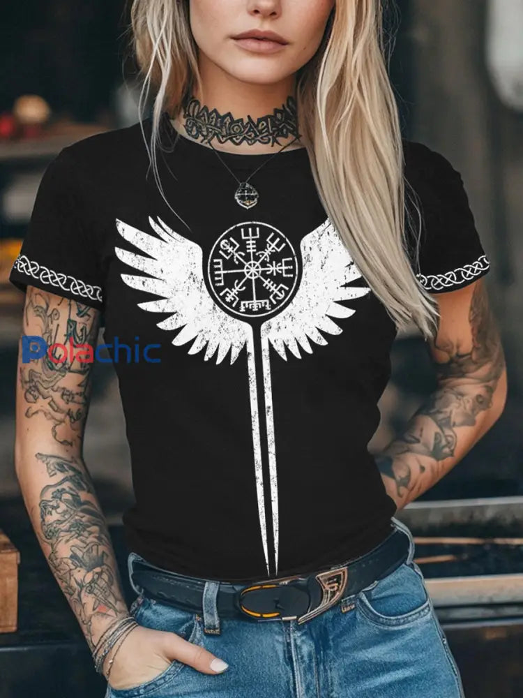 T-shirt imprimé à manches courtes Viking pour femme Noir / S