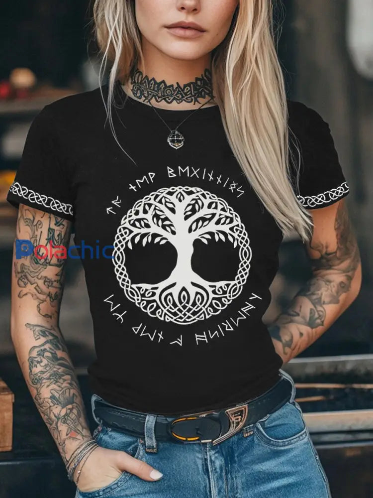 T-shirt imprimé à manches courtes Viking pour femme Noir / S
