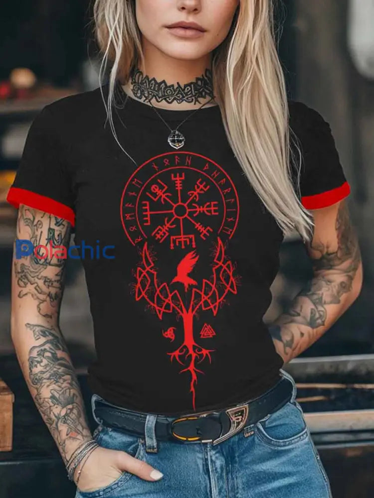 T-shirt imprimé à manches courtes Viking pour femme Noir / S