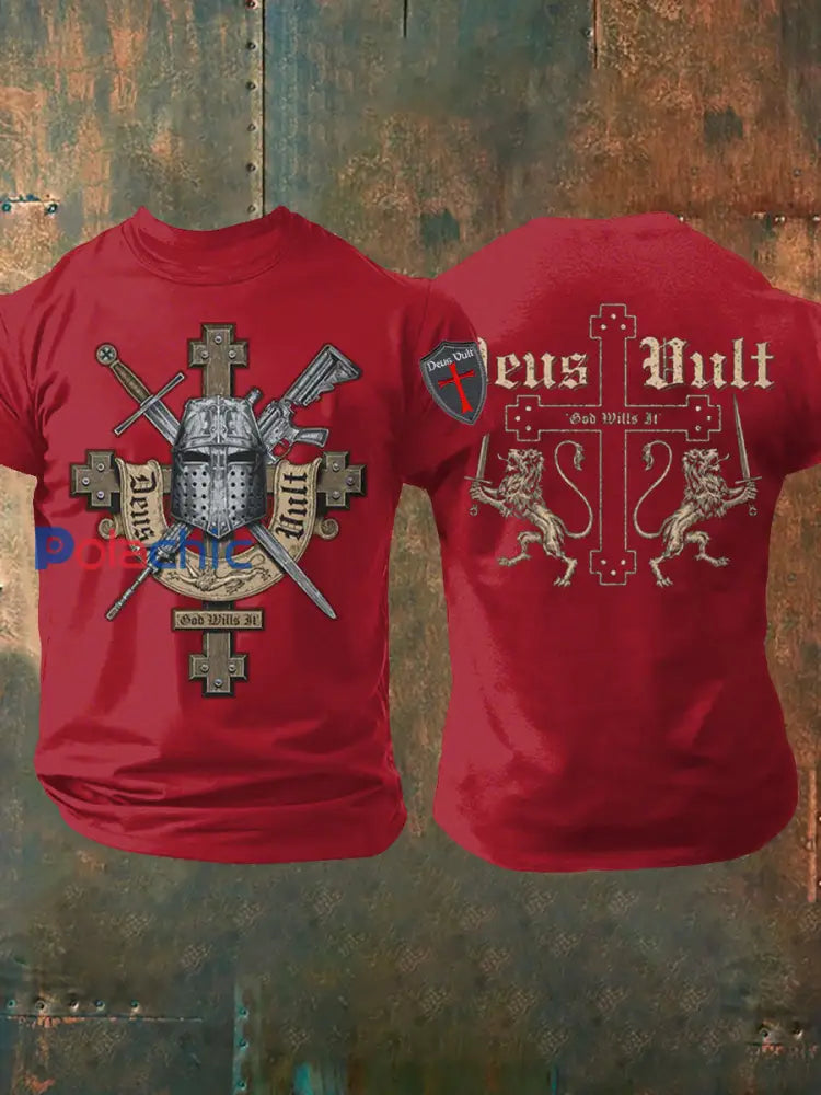 T shirt imprimé croisés catholiques Deus Vult pour hommes Rouge / S