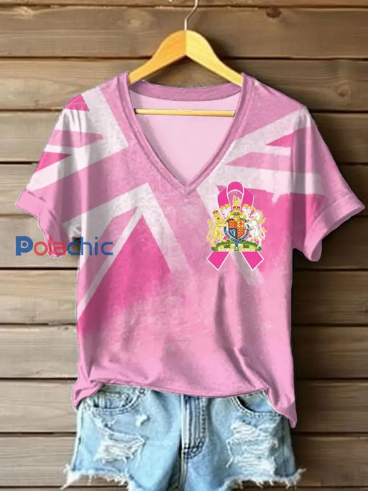 T shirt imprimé drapeau britannique sensibilisation au cancer du sein pour femmes comme image / S