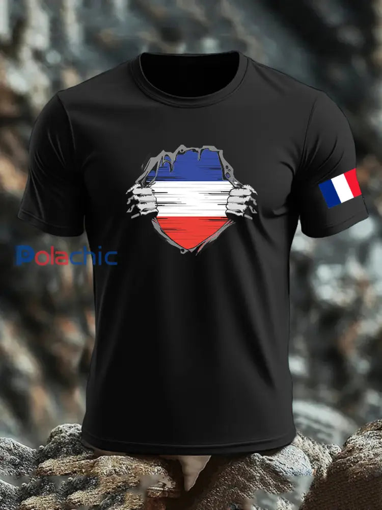 T-shirt imprimé drapeau français pour homme Noir / S