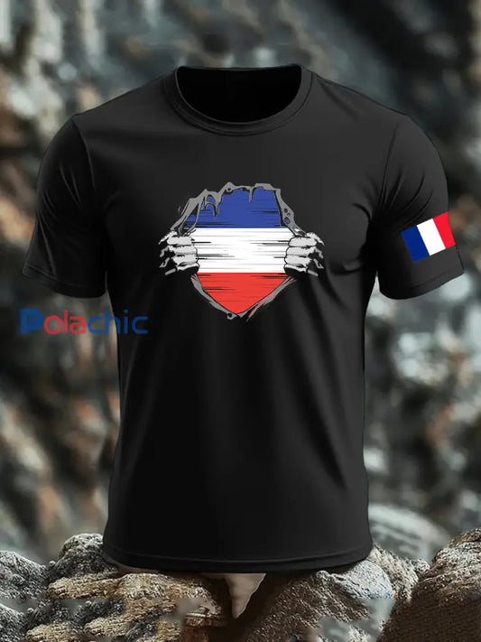 T-shirt imprimé drapeau français pour homme Noir / S