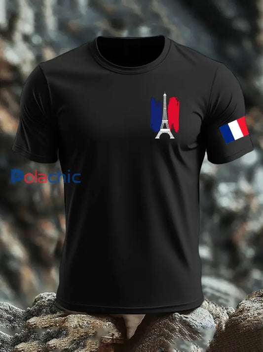T-shirt imprimé drapeau français pour homme Noir / S
