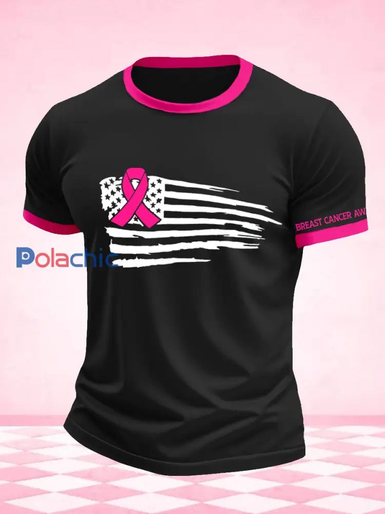 T-shirt imprimé drapeau sensibilisation au cancer du sein pour hommes Noir / S
