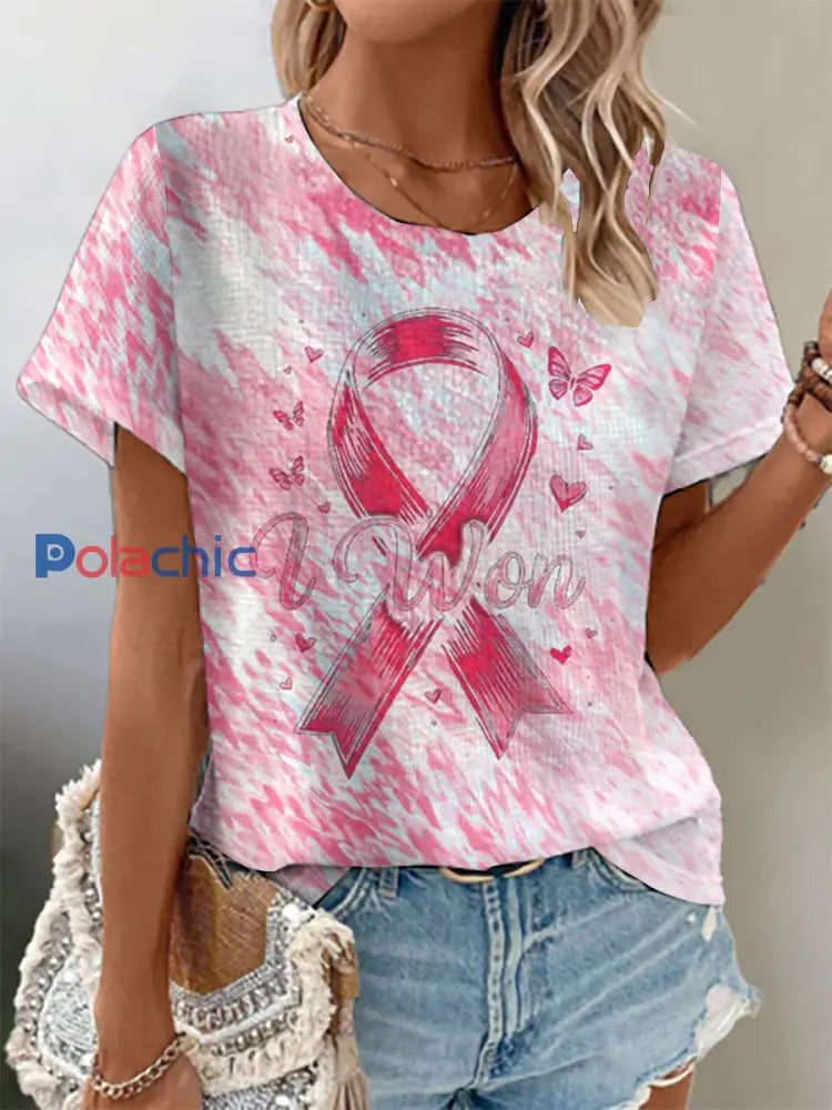 T-shirt imprimé gaufré de sensibilisation au cancer du sein pour femmes Rose / S