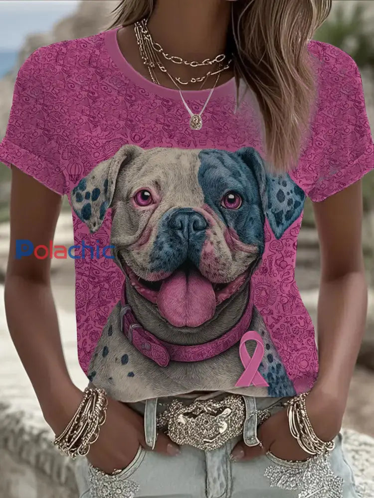T shirt imprimé pour femmes Patchwork Dog Art Cancer du sein comme image / S
